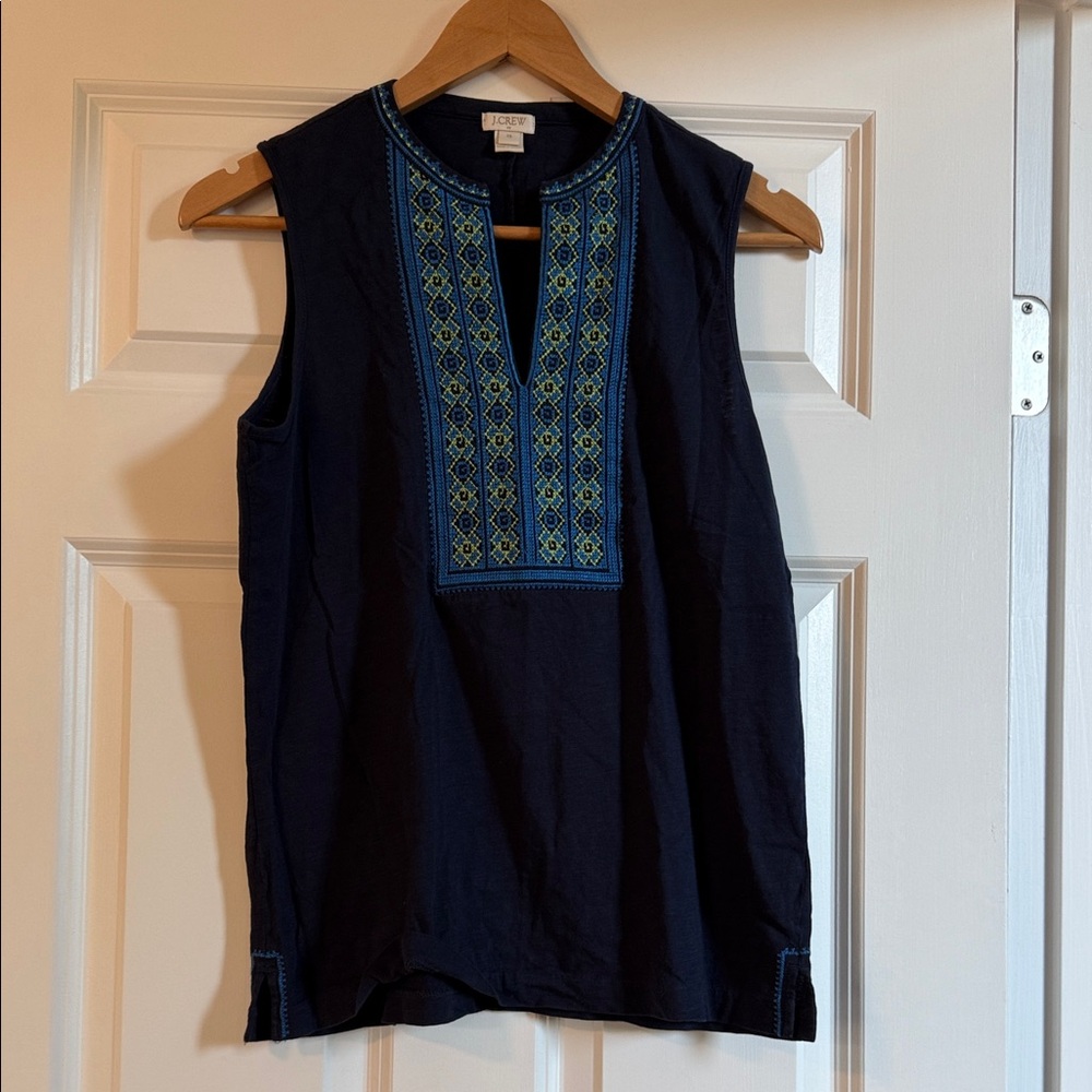 J. Crew Navy Blouse with Blue Embroidery